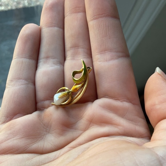 Victorian Antique Enamel 14k Gold Freshwater Pearl Lily Flower Brooch Pin - Picture 7 of 11